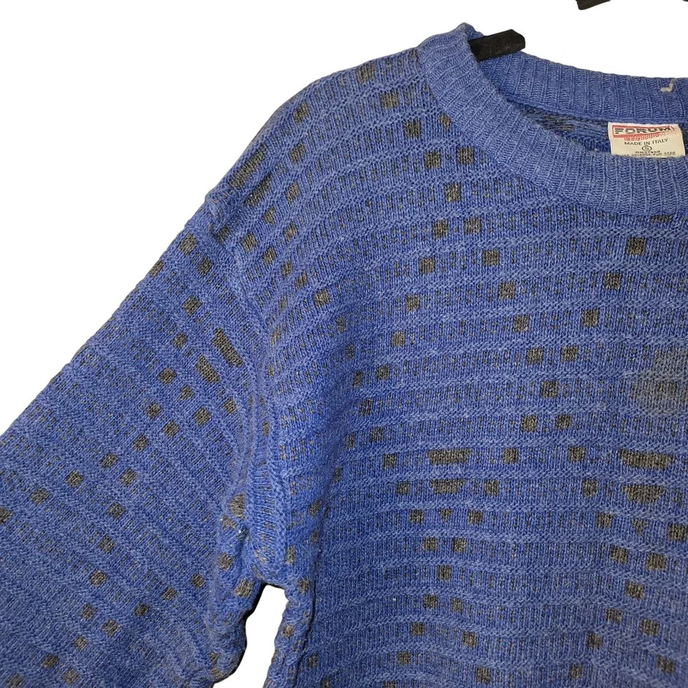 Vintage Forum Made in Italy Blue Wool Blend Geometric Textured Sweater Mens S